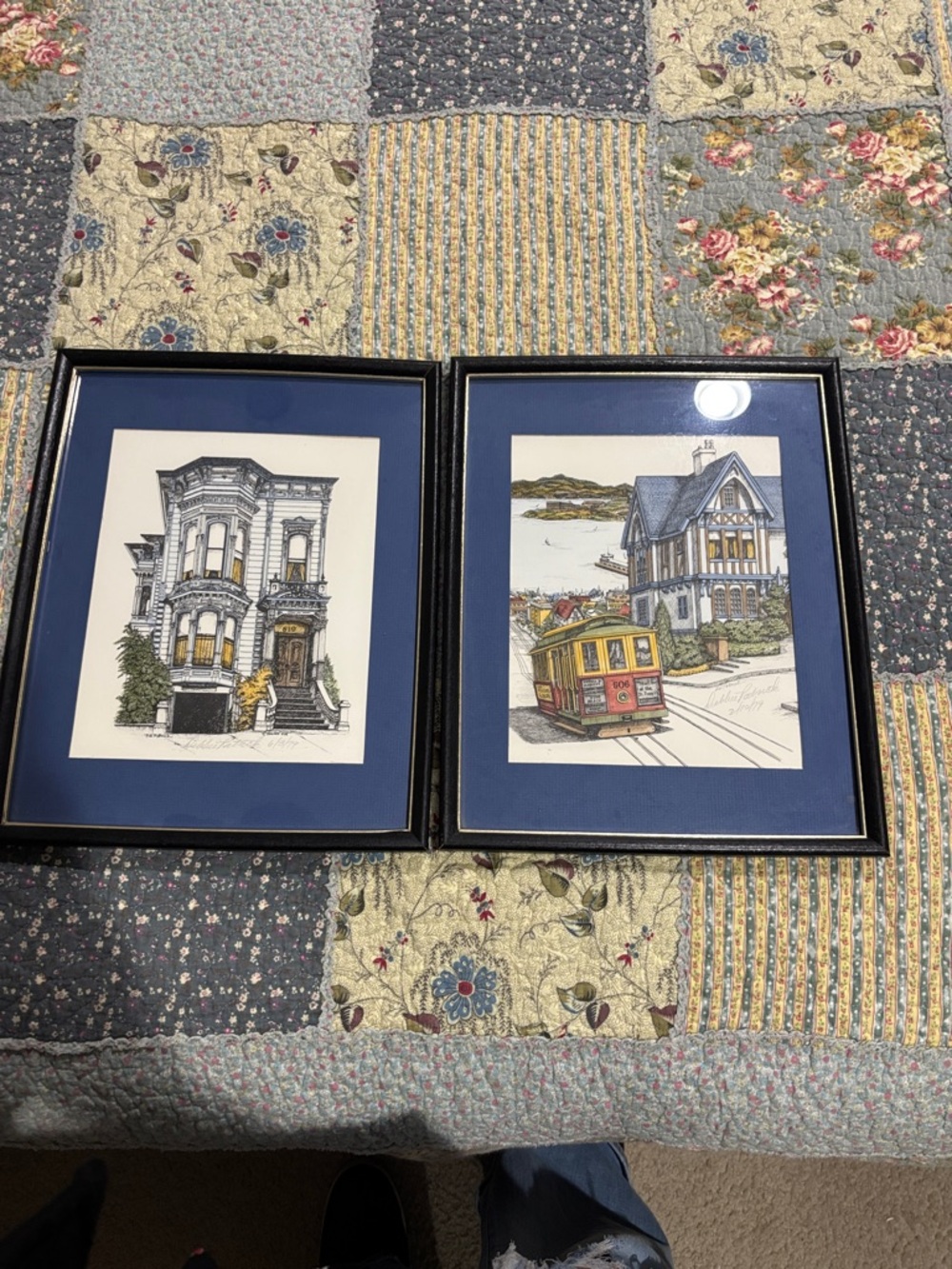 Vintage Framed San Francisco Cable Car & Victorian Home Prints - Blue Mat